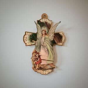 H. J. Sherman Italian Wooden Guardian Angel Wall Cross